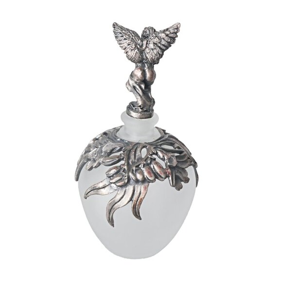 2 Vintage Glass & Pewter Perfume Bottles Winged Cherub Topper Glass - Picture 7 of 10